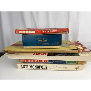 Lot of 6 VTG Board Games Monopoly Trivial Pursuit Risk Tripoley Stratego Anti